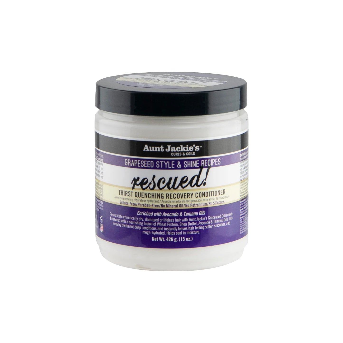 La mascarilla Rescued! de Aunt Jackie´s pertenece a su colección de aceite de semilla de uva.
Gracias también al aceite de ricino y de tamanu, esta mascarilla revitaliza y repara el cabello más seco y en transición. Para cabello rizado y afro
