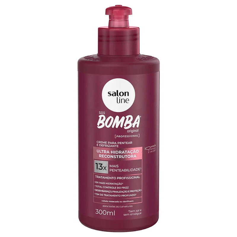 La Crema para Peinar y anti-frizz SOS Bomba de salon line Brasil garantiza 13 veces más peinabilidad, 10 veces más hidratación, control total del frizz, desenredado e hidrata; protección térmica hasta 230º y tratamiento profundo hasta por 72 horas.