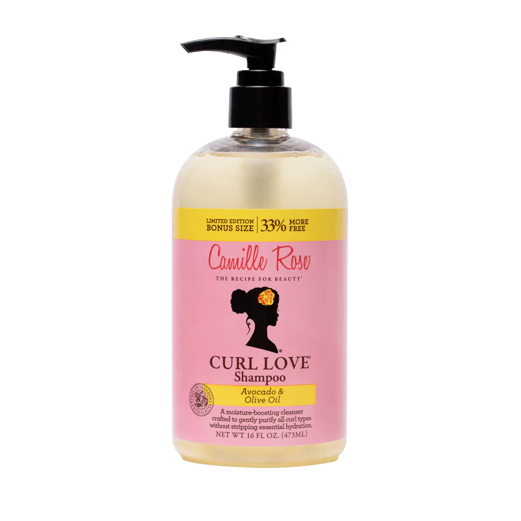 camille rose curl love shampoo, aguacate y aceite de oliva, El champú Curl Love es un limpiador hidratante formulado para purificar suavemente el cabello rizado, afro u ondulado sin eliminar la hidratación esencial.