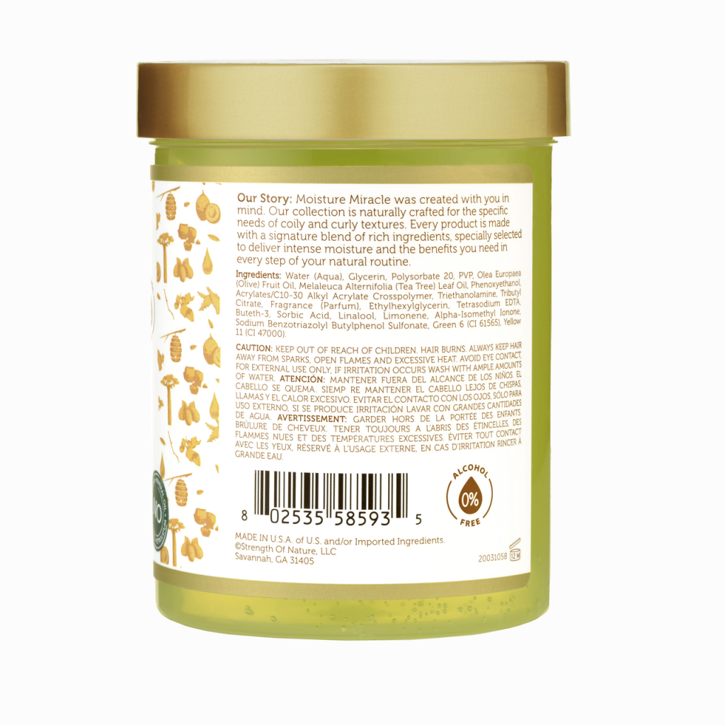 Gel fijador de african pride para añadir nutrición y fijación a cabellos rizados y bobinas. Con ingredientes naturales como aceite de oliva y árbol de té.