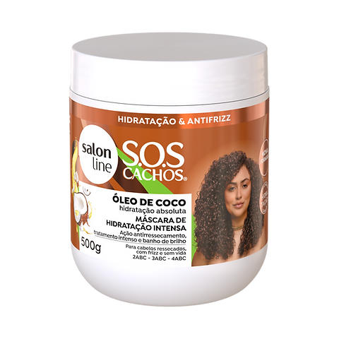 Mascarilla Hidratación Intensa Coco SOS Cachos Deep Tratamiento; contiene aceite de coco y manteca que, juntos, favorecen una hidratación intensa para los rizos y el frizz.