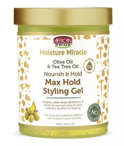 Gel fijador de african pride  para añadir nutrición y fijación a cabellos rizados y bobinas. Con ingredientes naturales como aceite de oliva y árbol de té.