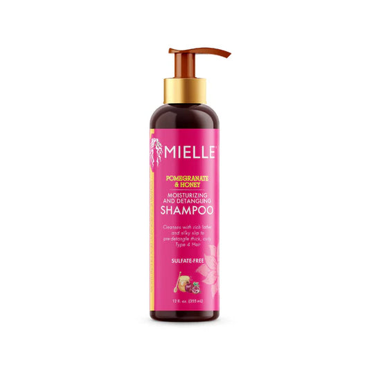 shampoo hidratante para cabello secos de mielle con granada y miel, sin sulfatos, desenredad. Champú para cabello rizado u afro 
