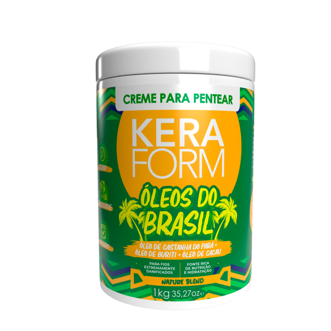 Keraform Óleos de Brasil; es un crema intensivo especialmente formulado para hidratar, nutrir y revitalizar todo tipo de cabellos. con oleo de cacao