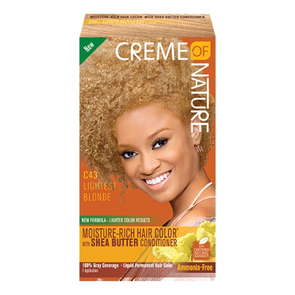 Creme of nature tinte permanente sin amoniaco enriquecido con manteca de karité y de mango. Formulado con una combinación de colorantes especialmente mezclados y&nbsp; acondicionadores para una cobertura&nbsp; de raíz a puntas. Además obtienes una cobertura del 100% de canas, tintepararizos_cabellonatura_tinte para cabello alisado_cremeofnature tinte c43